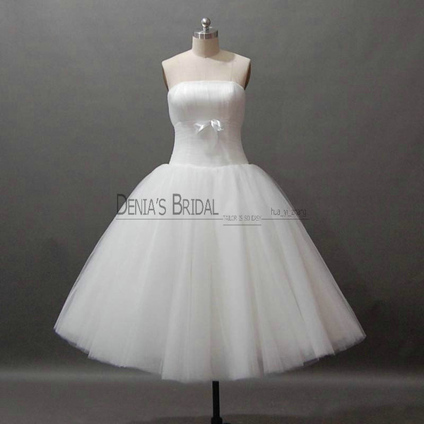 2017 Beach Wedding Dresses Ball Gown Strapless Tea Length Pleats Ribbon Bowknot Real Images Little White Dresses Cheap Tulle Bridal Gowns