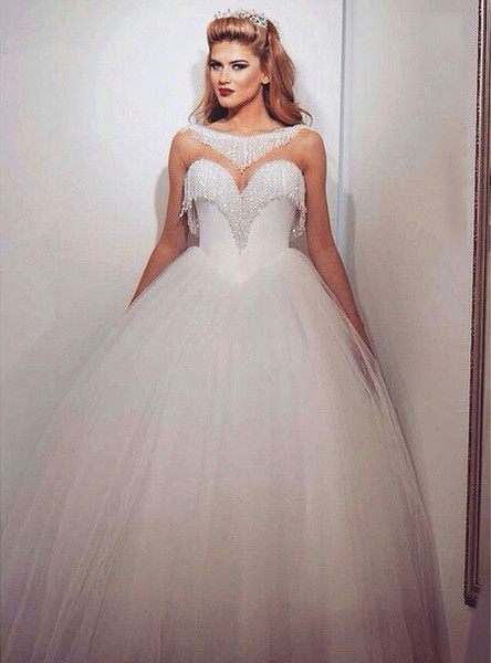 2017 Bling Ball Gown Wedding Dresses with Bateau Neckline Sweetheart Neck Illusion Beading Glass Crystals Tulle Elegant Bridal Gowns