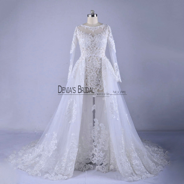 Illusion Ball Gown Wedding Dresses with Detachable Overskirt Long Sleeves Bateau Neckline Pearl Sheath Bridal Gowns