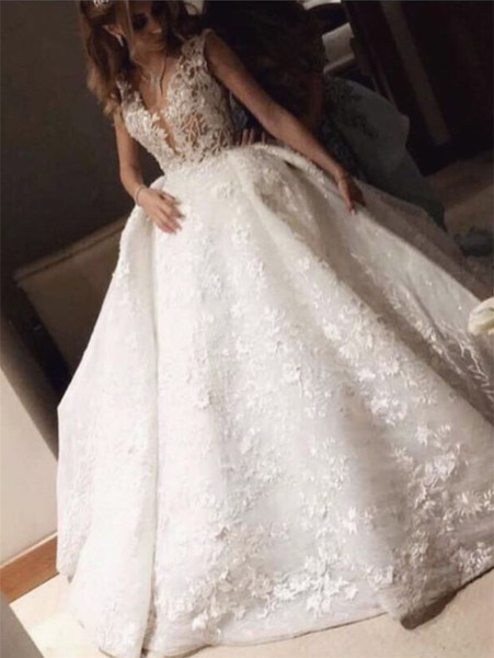 2017 Lace Ball Gown Wedding Dresses with Plunging V Neck Illusion Sleeveless Sweep Train Beadeds Appliques Sexy Bridal Gowns