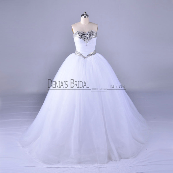 Bling Ball Gown Wedding Dresses with Sleeveless Floor Length Ruching Crystal Simple Elegant Bridal Gowns