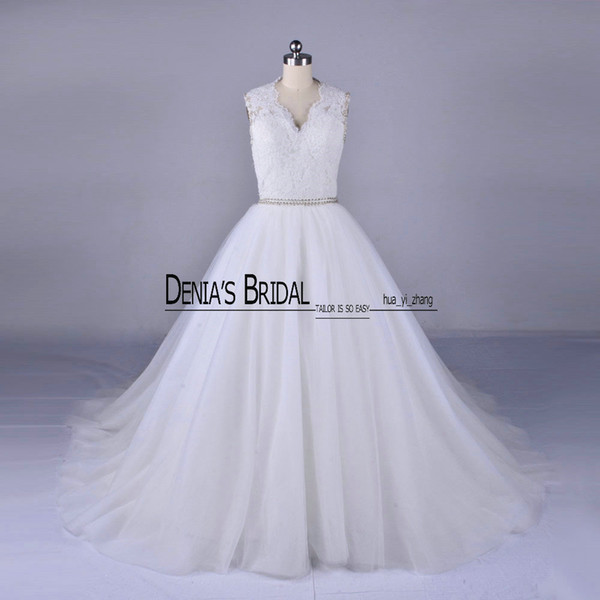 Ball Gown Wedding Dresses with Illusion Back V Neckline Chapel Train Lace Beadeds Crystal Pearls Belts Bridal Gowns