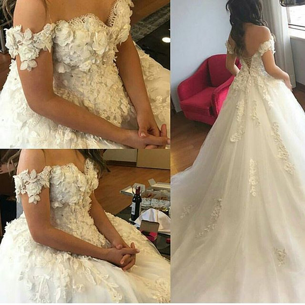 2017 Sweetheart Ball Gown Wedding Dresses Off-Shoulder Appliques Sexy Backless Crystals Lace-Up Floor Length Chapel Train Bridal Gowns