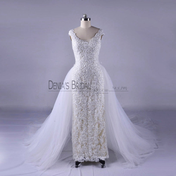 Ball Gown Wedding Dresses with Detachable Overskirt Scoop Neckline Chapel Train Appliques Sequins Pearls Bridal Gowns