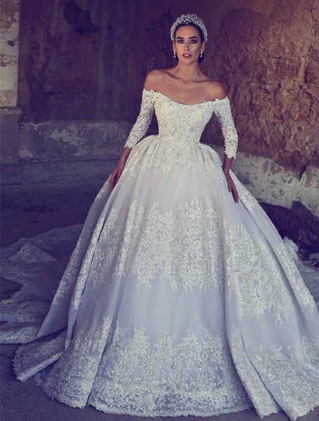 2017 Lace Ball Gown Wedding Dresses with Off Shoulder 3/4 Long Sleeves Chapel Train Beadeds Sequins Appliques Elegant Saudi Bridal Gowns