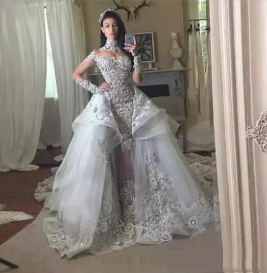 2017 Lace Ball Gown Wedding Dresses with High Collar Detachable Overskit Sheer Beaded Applique Crystal Silver Long Train Bling Bridal Gowns