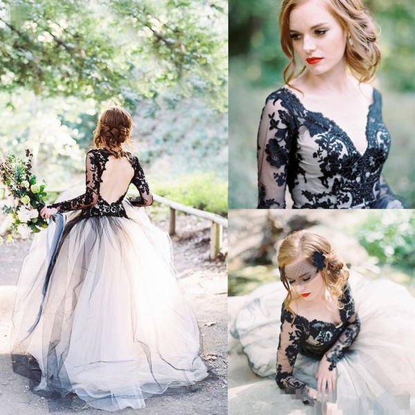 Gothic Black Lace Wedding Dresses New Design Hot Selling Sweep Train Ball Gown Illusion Long Sleeve Backless Tulle Wedding Gowns W062