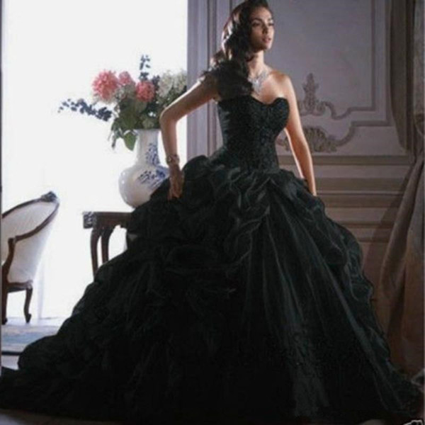 Gothic Black Wedding Dresses New Design Custom Made Sweep Train Vintage Style Sweetheart Organza Ruffled Ball Gown Bridal Gowns W072