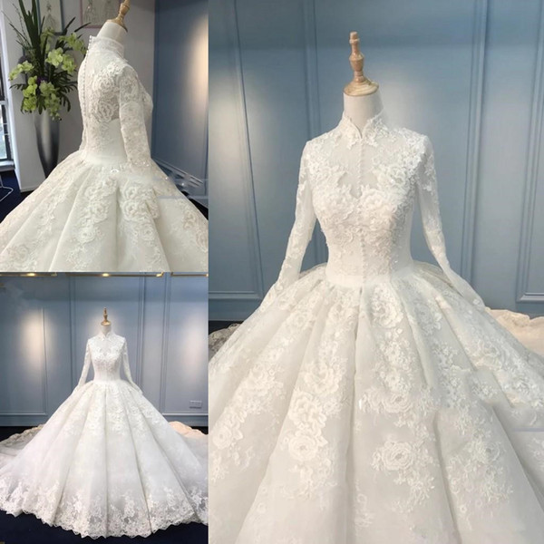 Muslim High Neck Lace Wedding Dresses New Custom Court Train Applique Ball Gown Long Sleeve Modest Bridal Gowns Vestidos De Noiva W853