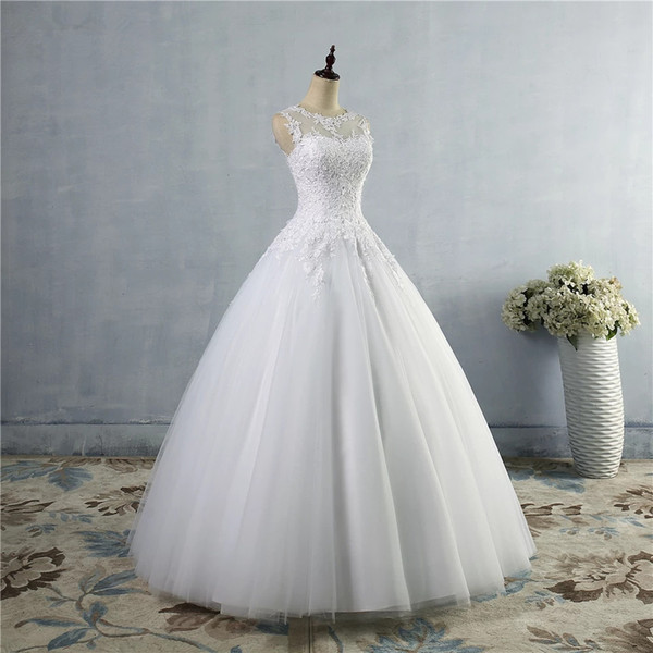 Princess Tulle Sheer Wedding Dresses New Hot Selling Real Image Applique Jewel Neckline Floor Length Ball Gown Lace Bridal Gowns W1200