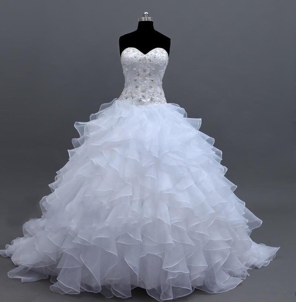 Ruffled Organza Princess Wedding Dresses Real Image Sweep Train Beads Crystals Sweetheart Ball Gown Lace Bridal Gowns Vestido de Novia W268