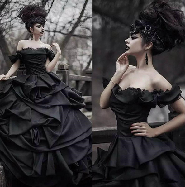 Gothic Style Black Wedding Dresses New Custom Court Train Pleats Ball Gown Off-the-shoulder Satin Bridal Gowns Vestido de Novia W269