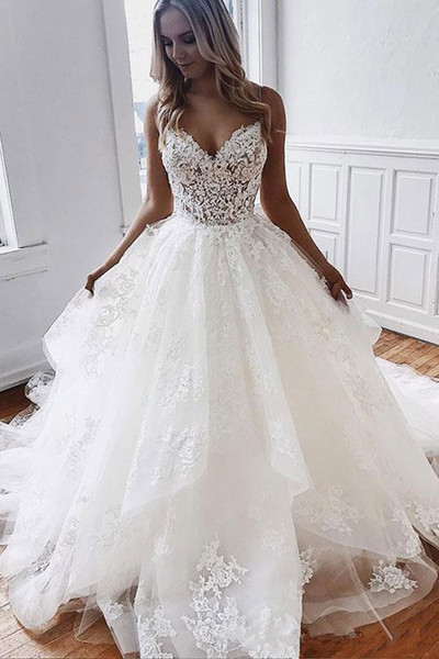 Sexy Spaghetti Strap Tulle Wedding Dresses New Custom Court Train Applique Ball Gown Lace Backless Bridal Gowns Vestido de Novia W268