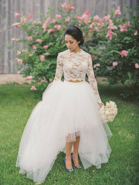 Two Pieces Garden Wedding Dresses Hot Selling New Ball Gown Jewel Neck Long Sleeve Lace High Low Tulle Bridal Gowns Custom W036