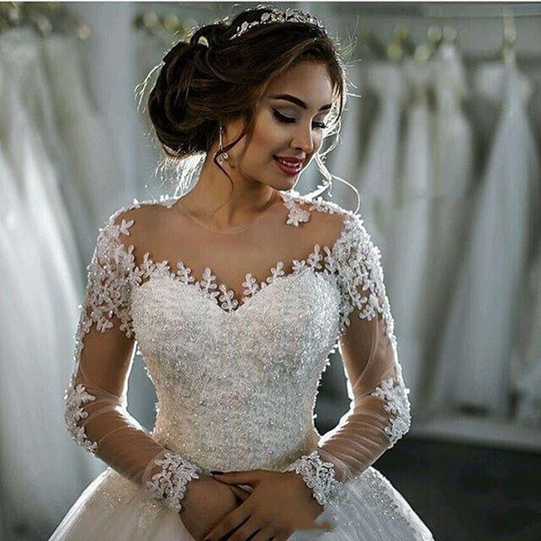 Dubai Lace Ball Gown Wedding Dresses Long Sleeves Wedding Gowns Saudi Africa Custom Made Plus Size Bridal Gowns 