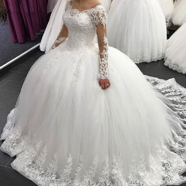 White lace appliques Wedding Dresses long Sleeves Wedding dresses Tulle off the shoulder simple Bridal Gowns