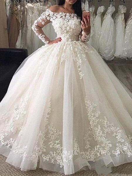 White off shoulder Wedding Dresses long Sleeves lace appliques Wedding dresses Tulle simple Bridal Gowns