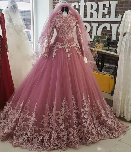 Muslim High Neck Long Sleeve Wedding Dresses Lace Applique Plus Size Saudi Arabia Bridal Ball Gown Train Custom vestido de noiva