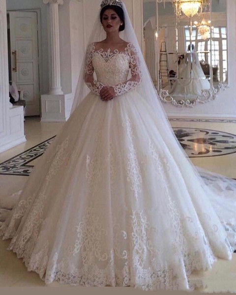 ball gown wedding dresses long sleeve lace appliques with veil bridal dresses Vingate hand made wedding gowns