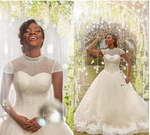 Ball Gown Wedding Dresses High Neck Cap Sleeves Sequins Beaded Appliques Tulle Black Bridal Dress African Nigeria Wedding Gowns