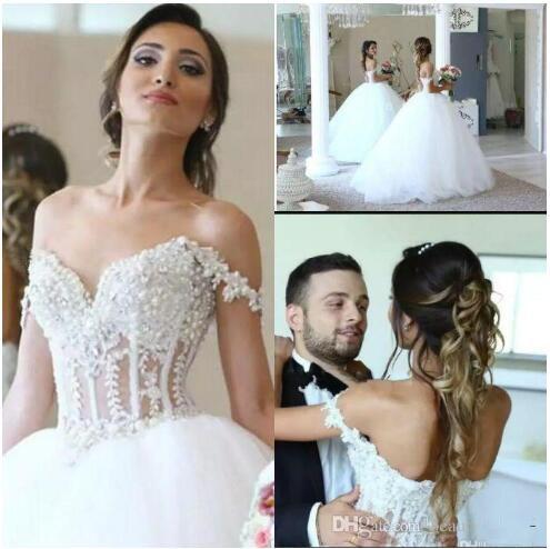 Ball Gown Wedding Dresses Lace Appliques Straps Sweetheart Bodice Corset Pearl Beaded Bride Gowns Vestidos De Noiva