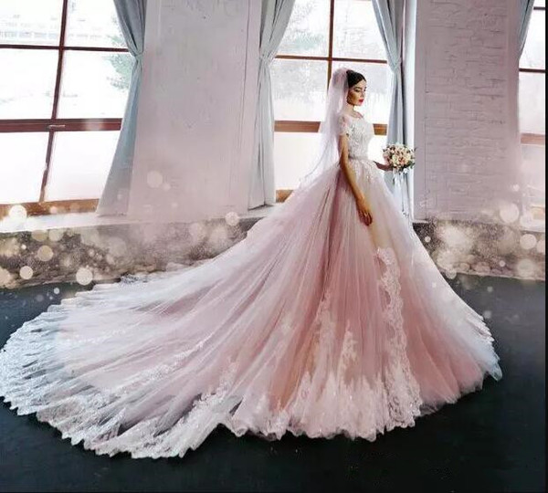 Blush pink wedding dresses Luxury ball gown beaded off the shoulder lace wedding gown zuhair murad bridal wedding dress