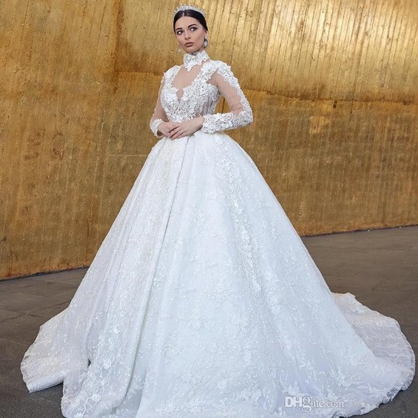 High Neck Lace Ball Gown Wedding Dresses Beaded Long Sleeve Lace Appliques Princess Wedding Dress Luxury Dubai Bridal Gowns