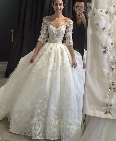 Luxury Lace Ball Gown Wedding Dresses Sheer Neck Chapel Train Bridal Gowns With Sleeve Backless Wedding Dress Saudi Arabia With 3D Appliques