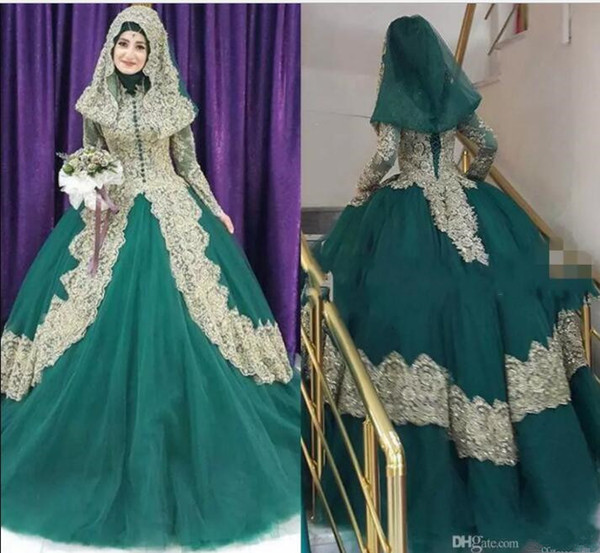 Wedding Dress Bridal Gowns Couture Robe De Mariage Gold Applique Hijab Dubai Kaftan Muslim bridal dress vestidos de fiest