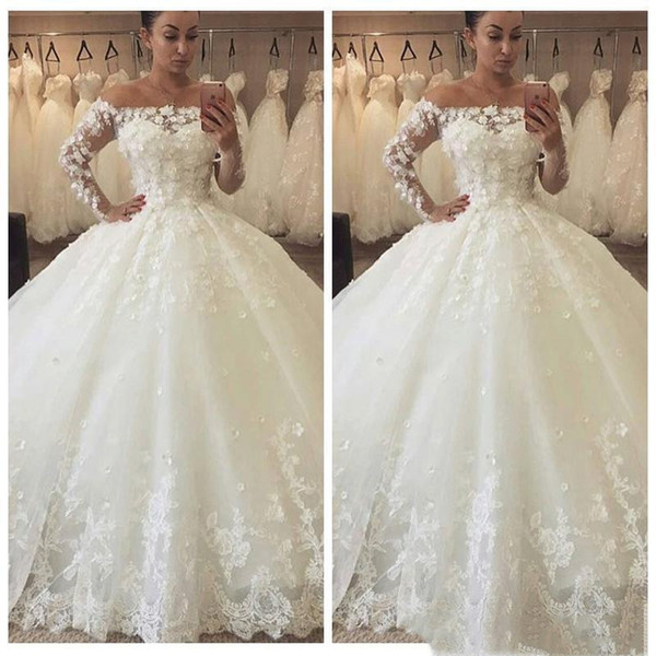 Long Sleeve off the shoulder Ball gown Wedding Dress White Lace 3dflower wedding gowns and Custom made Wedding Dress