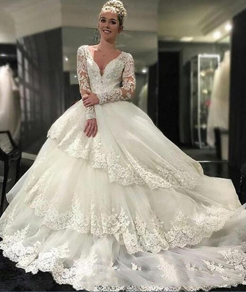 New long sleeve Wedding Dresses Ball Gown Lace Appliques deep vneck Wedding Gowns elegant Bridal Gowns