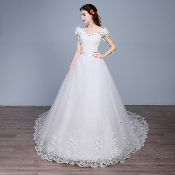 Shanghai Story Round Neck Beaded Sexy Bride Dress Train wedding dress Plus Size Bride Ball Gown Wedding Dress Lace gowns