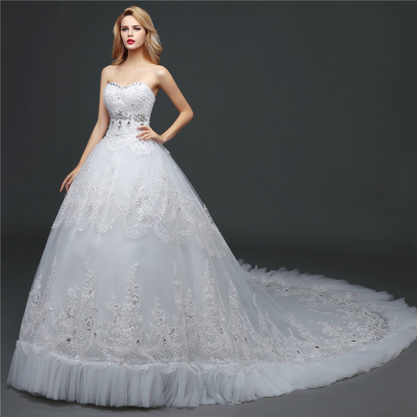 Shanghai Story Lace Train Wedding Dresses Strapless Ball Gown Wedding Dress With Crystal and Beaded 2016