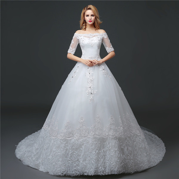 Shanghai Story Off The Shoulder Lace Sleeve Train Wedding Gown With Flower Embroidery For Bridal