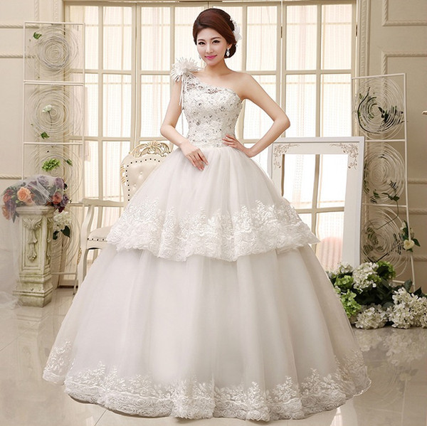 Shanghai Story new sale Korean bride lace 2 loops floor length one shoulder with flower Sweet Princess Wedding dresses HS523