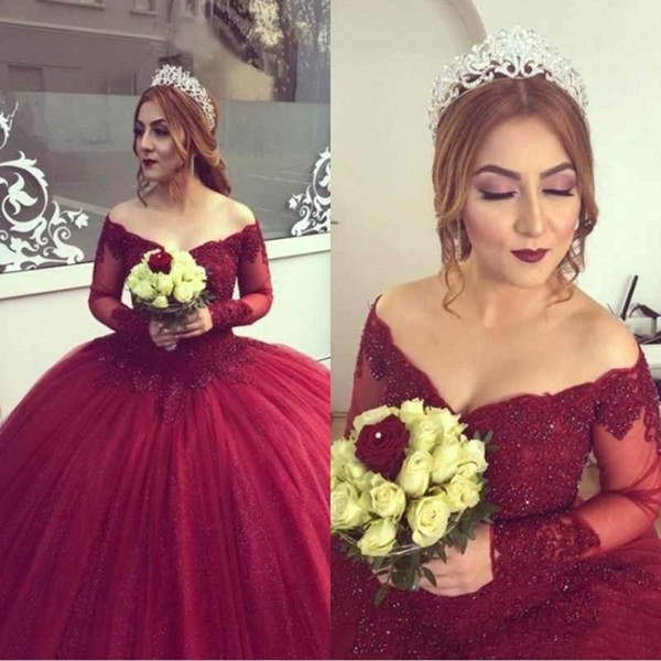 Burgundy Off Shoulder Ball Gown Wedding Dresses Lace Appliques Sequins Long Sleeve Bridal Gown robe de mariee BC1652