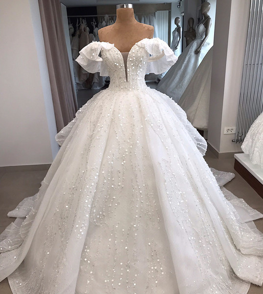 Stunning Off Shoulder Ball Gown Wedding Dresses Sequins Beads Deep V Neck Bridal Gown robe de mariee