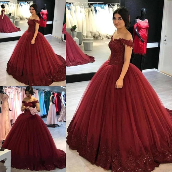 Elegant Burgundy Ball Gown Wedding Dresses Off Shoulder Lace Appliques Sequins Sweep Train Bridal Gown robe de mariee BC1649