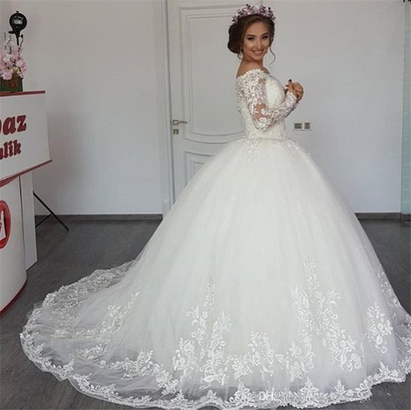 Bateau Long Sleeve Ball Gown Wedding Dresses Lace Appliques Tulle Bridal Gown vestido de novia