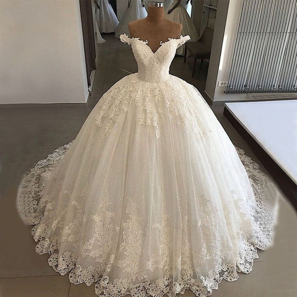 Gorgeous Off Shoulder Ball Gown Lace Wedding Dresses Floral Appliques Lace-up Back Bridal Gown robe de mariee