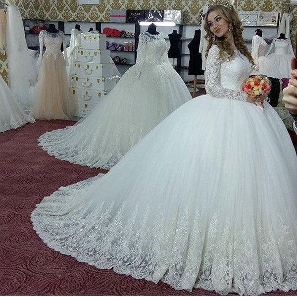 Middle East Modest Ball Gown Wedding Dresses Jewel Neck Long Sleeve Sweep Train Bridal Gown Arabic robe de mariee