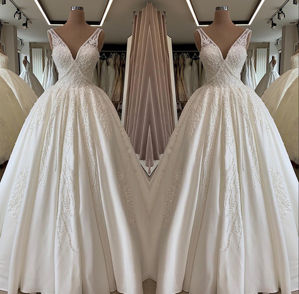 Deep V Neck Ball Gown Wedding Dresses Appliques Sequins Sleeveless Bridal Gown robe de mariee