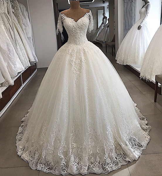 Gorgeous Off Shoulder Ball Gown Wedding Dresses Floral Appliques Bridal Gown Sweep Train robe de mariee