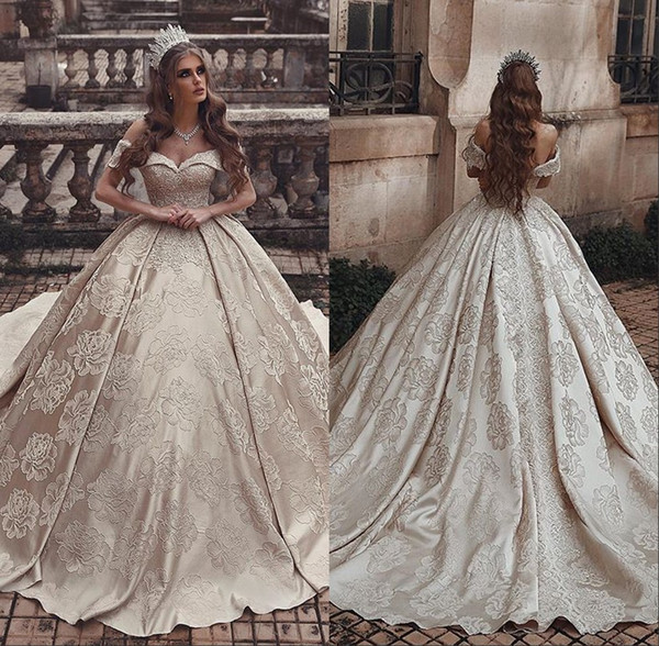 Arabic Princess Champagne Ball Gown Wedding Dresses Appliques Embroidery Off Shoulder Bridal Gown 2022robe de mariee