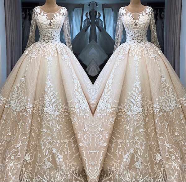 Gorgeous Champagne Ball Gown Wedding Dresses Lace Appliques Sheer Long Sleeve Bridal Gown robe de mariee