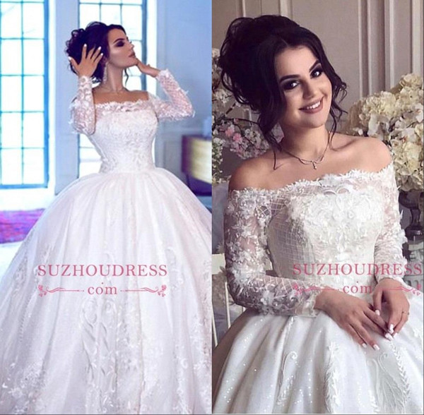 Elegant Bateau Ball Gown Wedding Dresses Lace Floral Appliques Off Shoulder Long Sleeve Bridal Gown robe de mariee BC1698