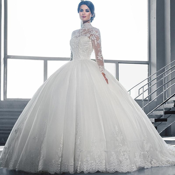 Elegant High Neck Ball Gown Wedding Dresses Lace Appliques Sheer Long Sleeve Bridal Gown robe de mariee