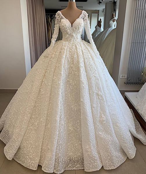 Sexy Deep V Neck Ball Gown Wedding Dresses Floral Appliques Long Sleeve Bridal Gown 2022robe de mariee