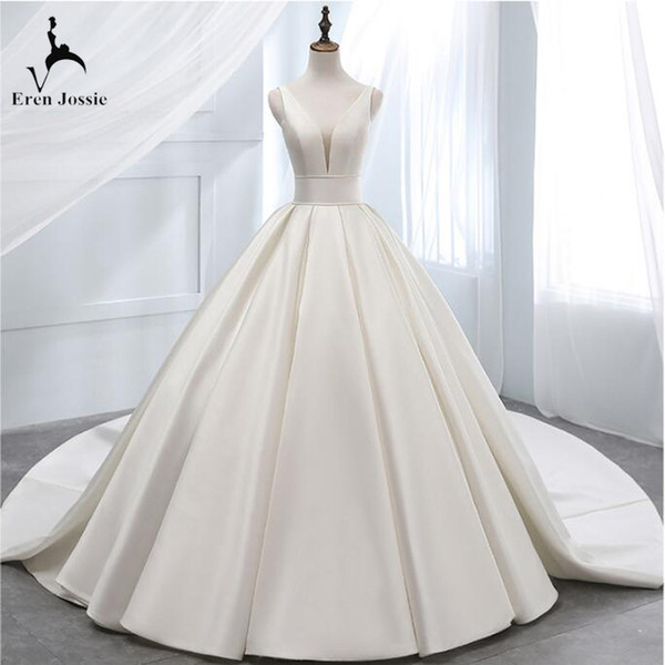 Eren Jossie Attractive V-Neck Ivory Satin Formal Bridal Dress Court Train Fashion Corset Back Wedding Gown