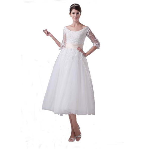 Newest 3/4 Sleeve White Ball Gown Wedding Dress Tea Length Scoop Neck Bandage Bridal Gown